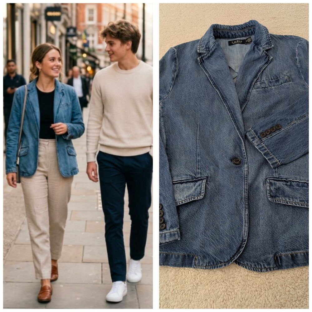 Ralph Lauren Blazer Women's 14P Blue Denim Jean Jacket Vintage Preppy Western